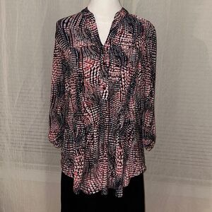 VERA ROSE L V-Veck Navy Coral Pink White Quarter Sleeve Jersey Top